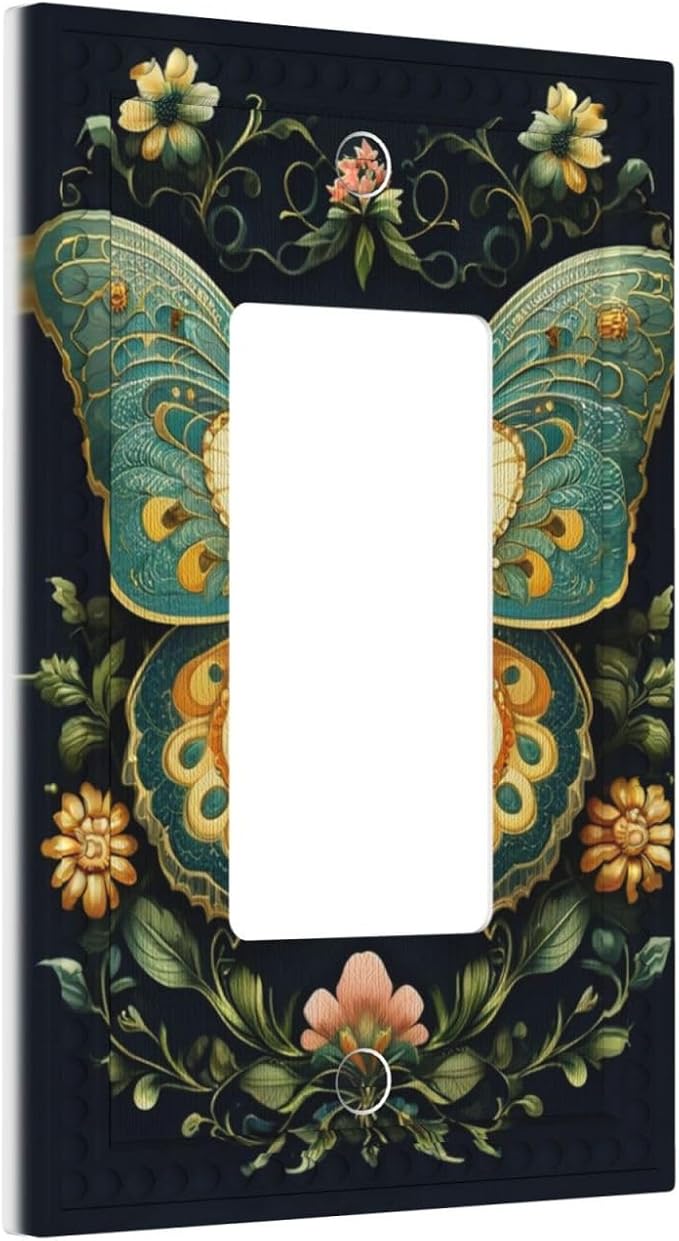 Butterfly Ornate with Flower Single Decora Outlet Wall Plate 1 Gang Rocker Decorative Switchplate Faceplate GFCI Light Switch Covers for Home Living Decor