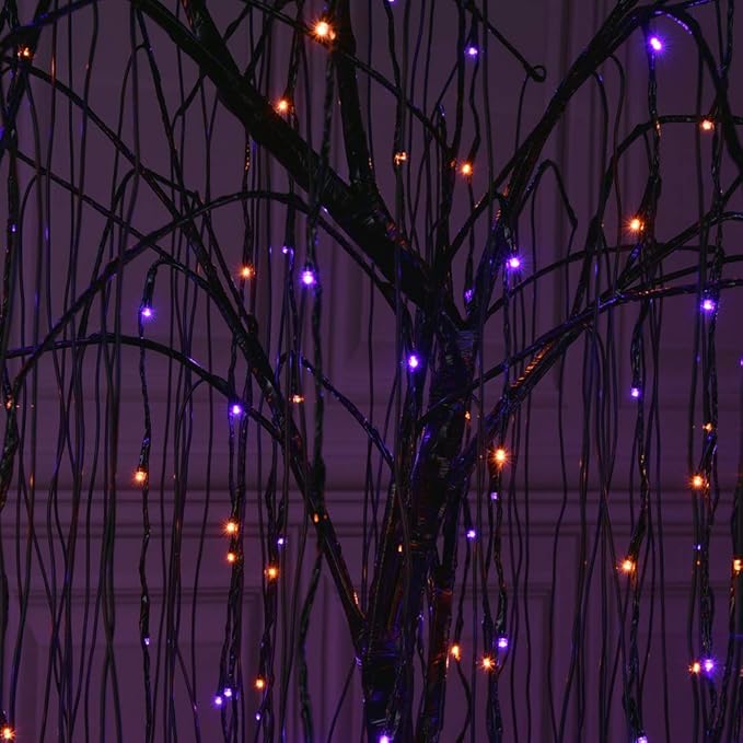 LIGHTSHARE 7 Feet Halloween Willow Tree, 256 LED Lights for Home, Festival, Nativity,Party, and Christmas Decoration,Includes Spiders and White Cobweb,Indoor Outdoor Use,Orange & Purple