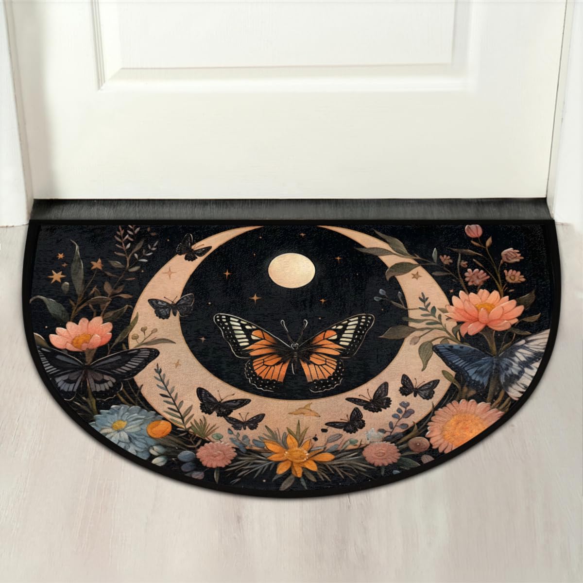 Half Round Door Mat,Art Moon Butterfly Flower Non Slip Absorbent Entrance Doormat,Welcome Mat for Front Door,Low-Profile Semi Circle Floor Mats Area Rugs for Home Kitchen Garage Patio,36" x 24"