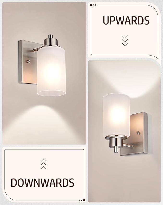 2 Pack Modern Bath Vanity Light Fixture 1-Light, Indoor Bathroom Wall Sconces for Living Room, Porch, Bedside, Brushed Nickel Finish with White Frosted Glass Shades Wall Mounted Lights