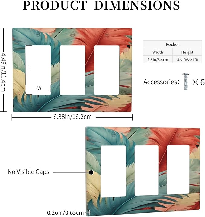 Colorful Feathers Blue Red 3 Gang Rocker Triple Outlet Wall Plate Decorative Switchplate Cover Faceplate GFCI Light Switch Covers for Farmhouse Living Decor