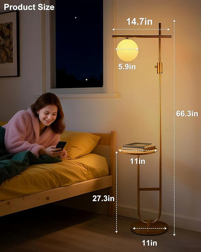 Lightdot 66IN Gold Dimmable Floor Lamps with Storage Table, Modern Standing Tall Lamp with Milky White Globe Lampshade, Cross-Shaped Lamp Head and U-Pole Base Style for Living Room/Bedroom/Office