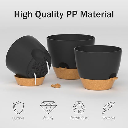 ZMTECH 8/9/10 Inch Self Watering Plant Pots with Watering Lip, Planters with Drainage Holes and Removable Saucer, Plastic Flower Pots for Indoor Outdoor Plants (3 Pack,Black)