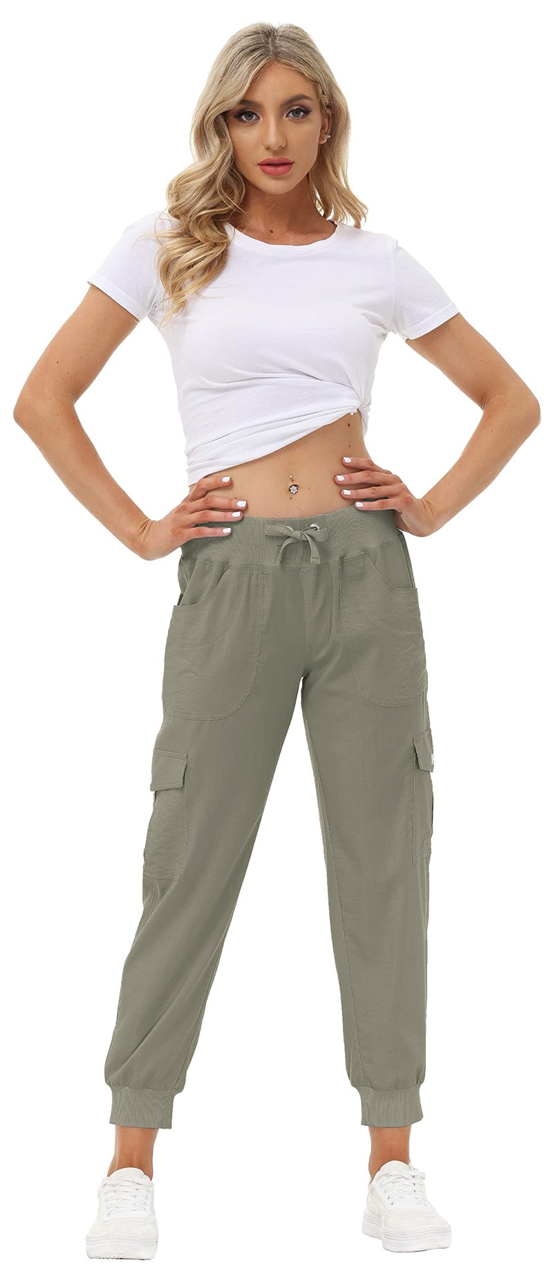 MoFiz Women's Hiking Pants Cargo Joggers Sweatpants with Pockets Lightweight Quick Dry Outdoor Summer Casual Athletic Elastic Waist Grey Khaki M