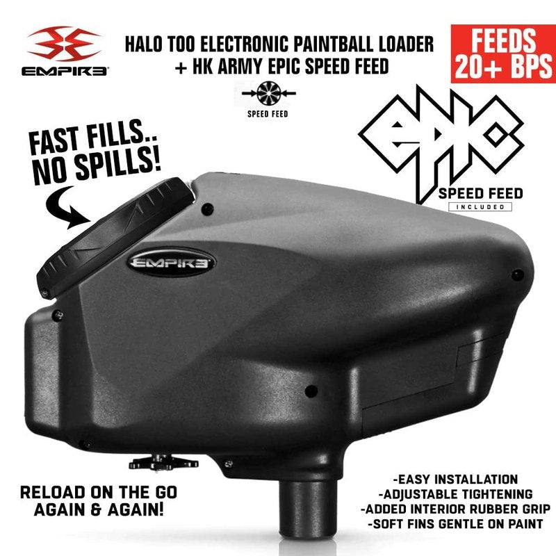Maddog Empire Halo Too Electronic Paintball Loader with HK Army Epic Speed Feed and HPA Paintball Tank Fill Nipple Protector Accessory Package - Blackout