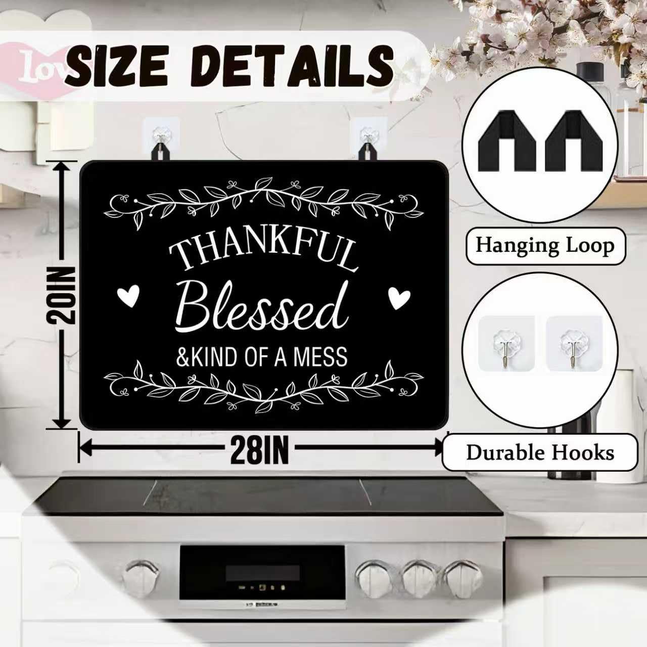 Funny Stove Top Cover for Electric Stove, Black Range Covers, Thanksgiving Range Top Mats, Thankful Blessed Cooktop Cover 28x20 inch, Glass Cooktop Covers for Kitchen Holiday Home Decor