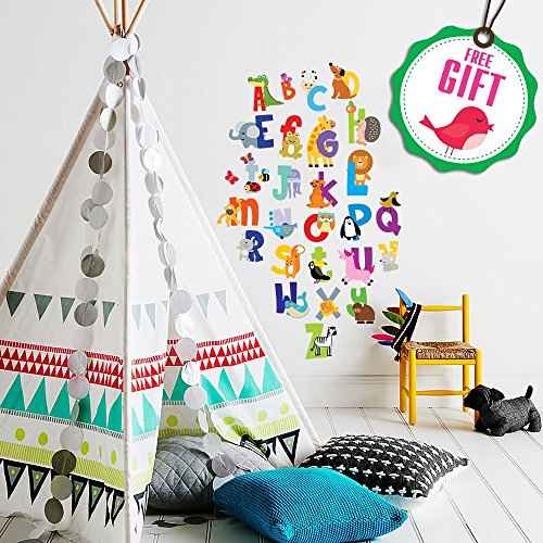 ABC Wall Decals - Alphabet Educational Animal Stickers - Classroom Decor - Playroom Decals for Wall - Animal Letters to Stick Kindergarden - Bedroom Stickers Kids ABC Lettering - [Gift Included]!