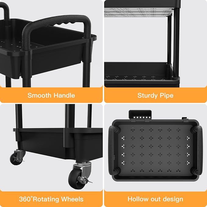 4 Tier Rolling Utility Cart with Handle,REBECAT Utility Cart Made of Multifunctional Storage Organizer Tool for Kitchen,Bathroom,Living Room,Office(Black)