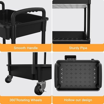 4 Tier Rolling Utility Cart with Handle,REBECAT Utility Cart Made of Multifunctional Storage Organizer Tool for Kitchen,Bathroom,Living Room,Office(Black)