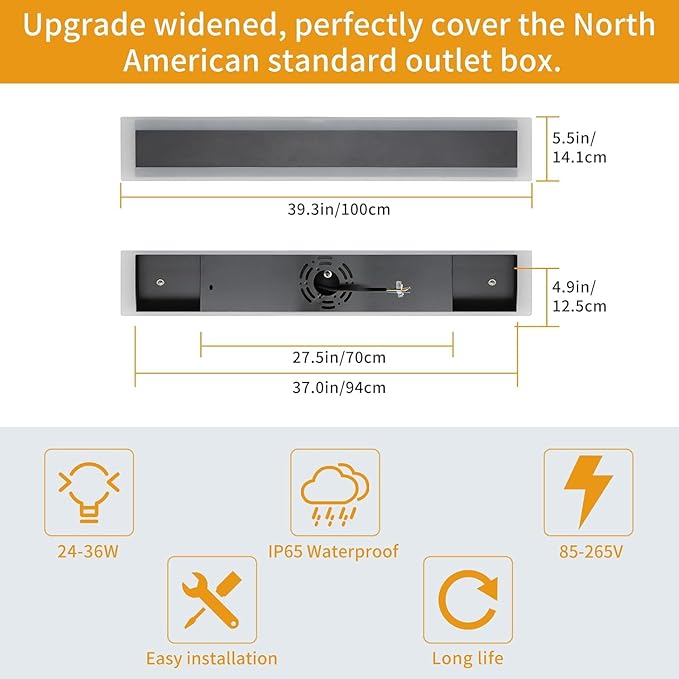 Upgrade Widened 2 Pack Modern Outdoor Wall Lights, 39.3inch Long Linear LED Wall Sconce, 3000K Warm White, IP65 Waterproof, 36W, Minimalist Black Exterior Lamp Fixture for Porch, Garden, Bathrooms