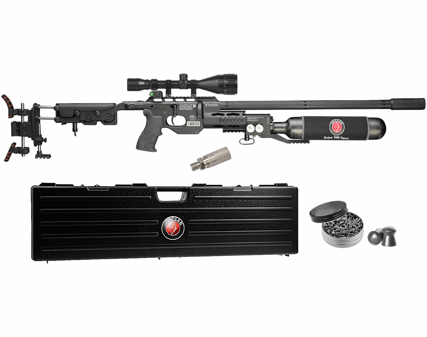 Hatsan TacBoss .25 Cal 905 FPS 37 FPE 14-Shot PCP Black Air Rifle, Side-Lever Action, 580cc Air Cylinder, Dual Pressure Gauges, QE Technology w/ Wearable4U 150x .25cal Pellets & Scope w/Mounts Bundle