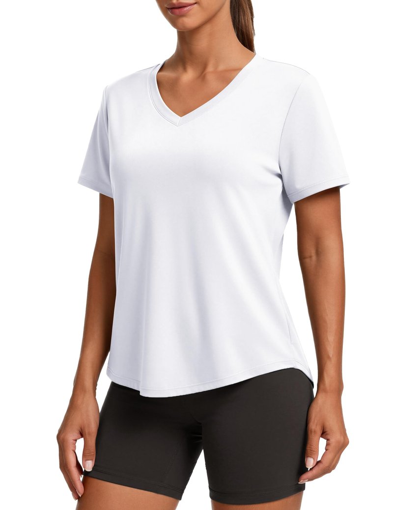 PINSPARK Womens Workout Tops V Neck Short Sleeve Gym Shirts Moisture Wicking Quick Dry Breathable Soft Athletic Running Tees,White XX-Large