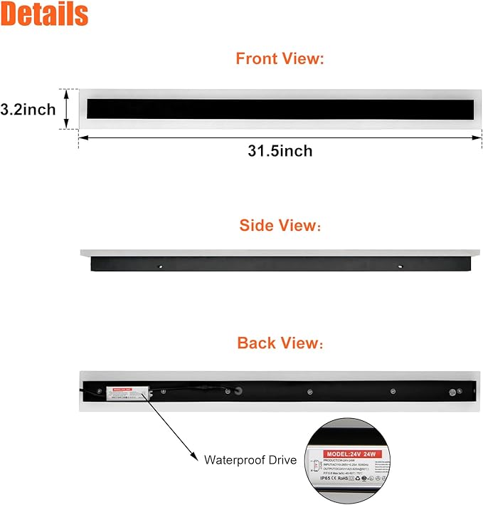 TooCust 2 Pack 31.5in Long Outdoor Modern Led Wall Light, IP65 Waterproof Modern Outdoor Wall Light, 24W Warm Light 3000K, Narrow Strip Light, Long Wall Sconce for Garage, Wired Installation