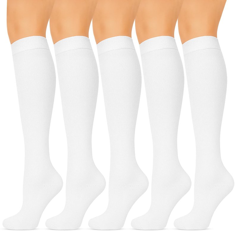 Compression Socks for Women & Men 5 Pairs - 15-20 mmHg Graduated Knee High Compression Stockings, Long Socks for Travel, Running, Pregnancy, Work & Medical Use (2XL, White)