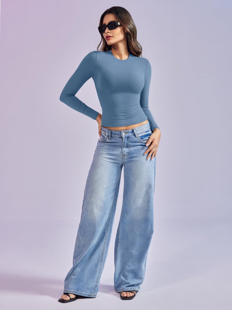 YEOREO Long Sleeve Shirts for Women y2k Tops Double Lined Basic Tee Crew Neck Going Out Sweeney Workout Undershirt Haze Blue M