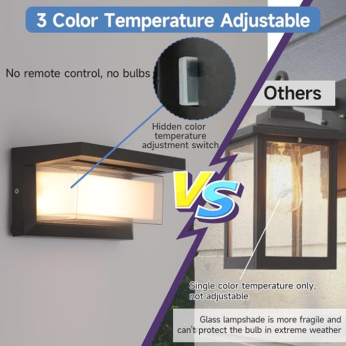 Outdoor Porch Light,15%-100% Dimmable Indoor Wall Light Fixtures,3000K/4000K/6500K Adjustable,24W Exterior Wall Lighting,Waterproof Outdoor Modern Wall Sconce Lights,2160LM Indoor Wall Sconce 2 Pack