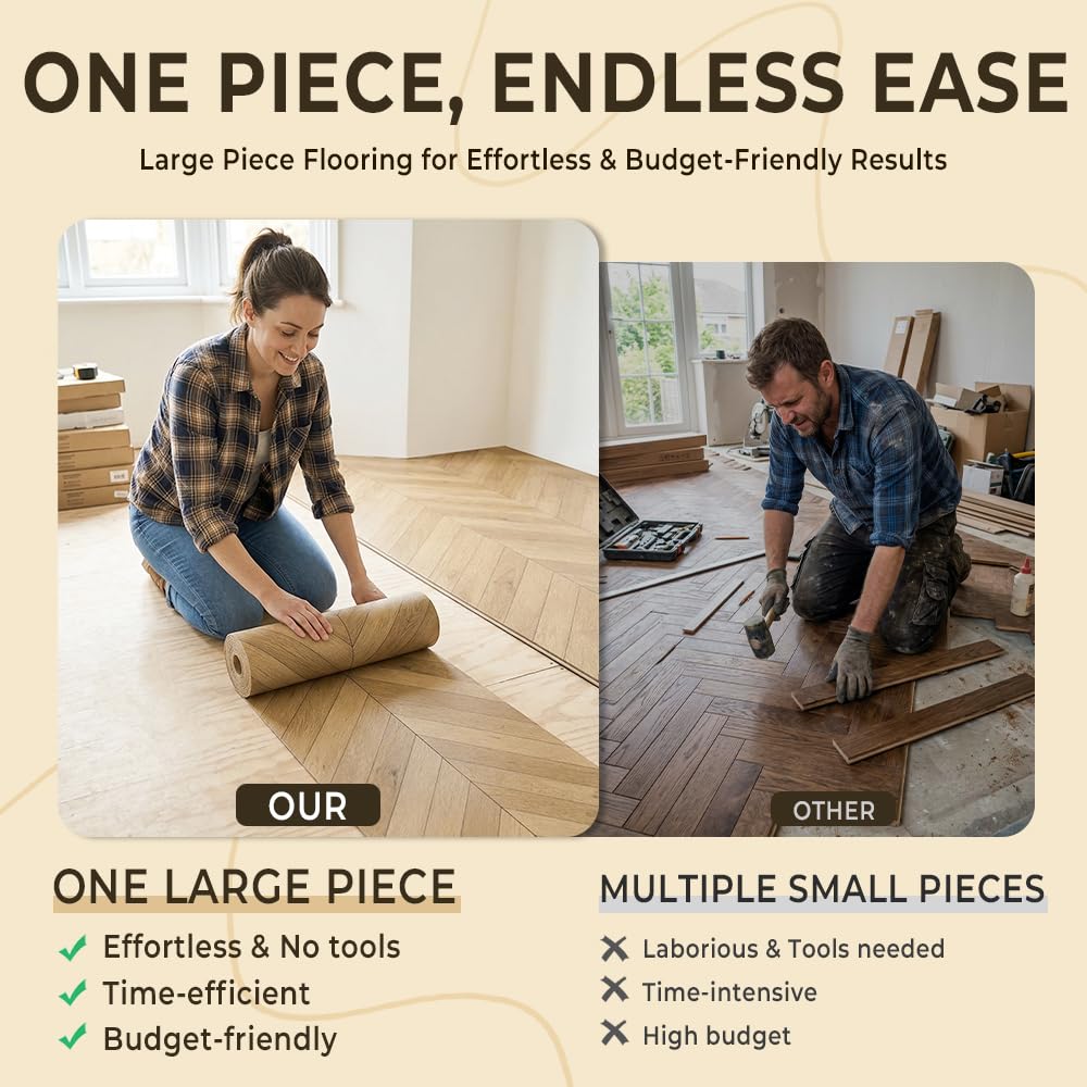 Wood Grain Peel and Stick Vinyl Flooring Roll - 15.7" X 236" Vinyl Flooring Roll,Textured with Waterproof, Slip-Resistant for Bedroom, Living Room