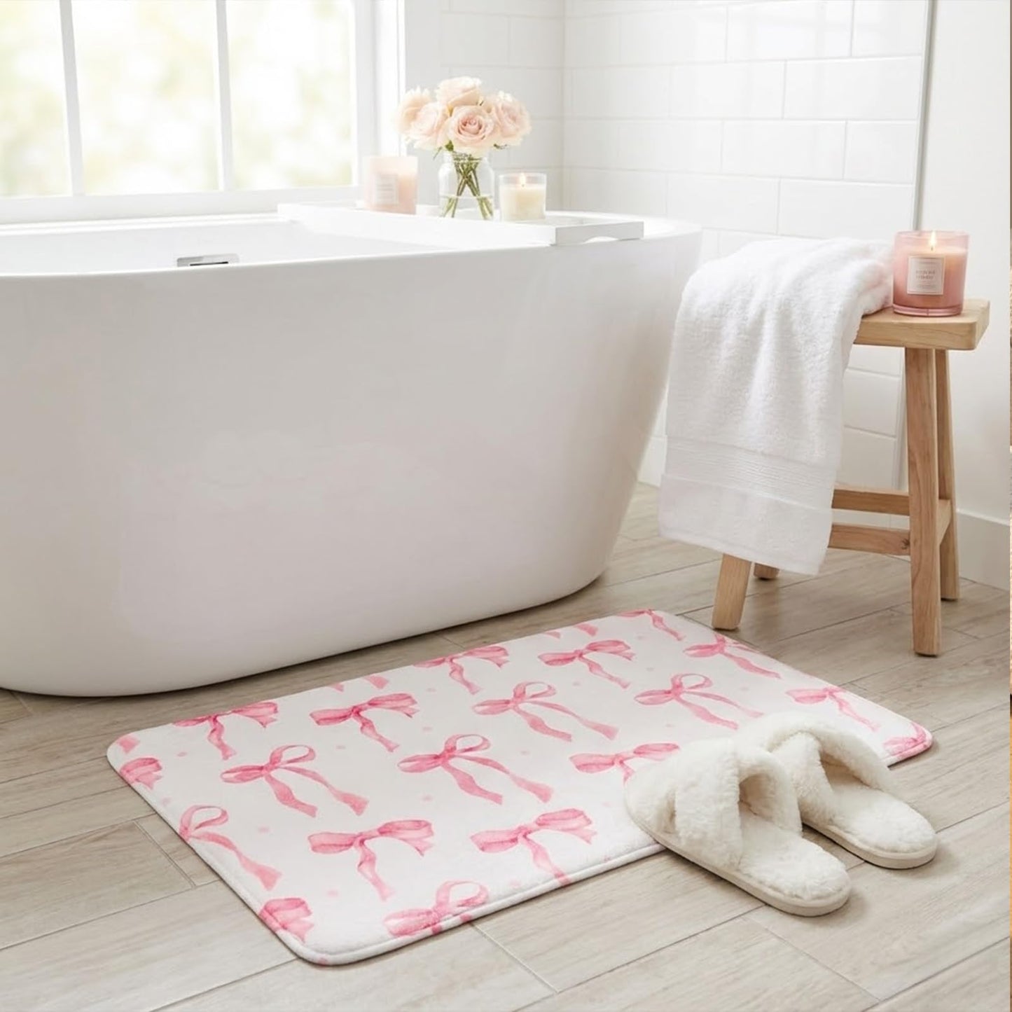 HAIWAOO Memory Foam Bath Mat with Pink Bow Pattern, Comfortable, Soft, Non-Slip, Super Absorbent, Quick Drying Bath Rug for Bathroom,Floor, Tub & Shower, Machine Washable (32INX20IN, Bow)