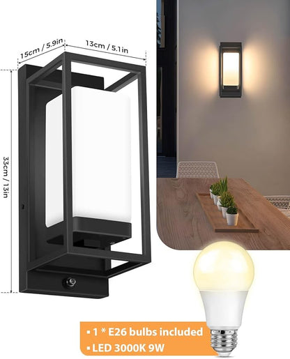 SHIMR Outdoor Wall Light with Dusk to Dawn Sensor, Black Outdoor Light Fixture with LED Bulb Included, E26 Base, Waterproof Exterior Sconce for Porch Garage Front Door