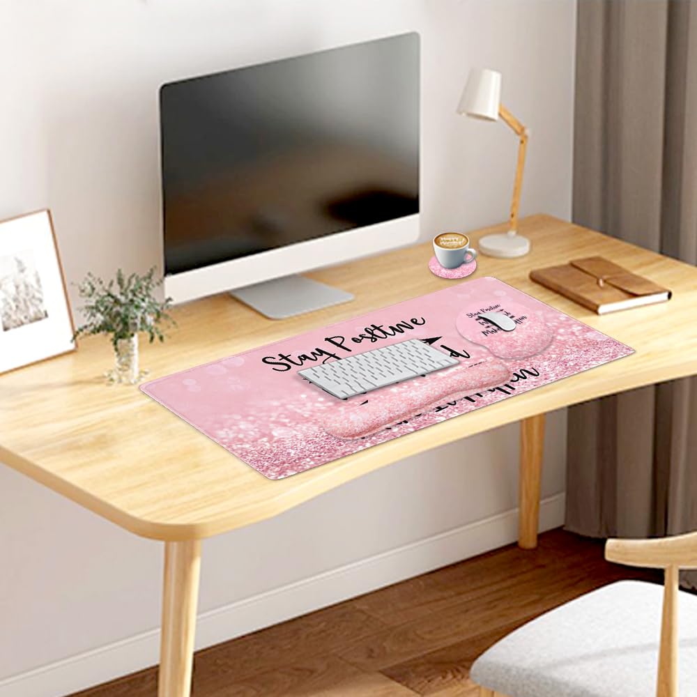 4-in-1 Gaming Mouse Pad Wrist Support Set，Desk Pad + Mouse Pad with Wrist Rest + Keyboard Wrist Rest + Coaster, Ergonomic Design for Home Office Study Game - Pink Stay Positive