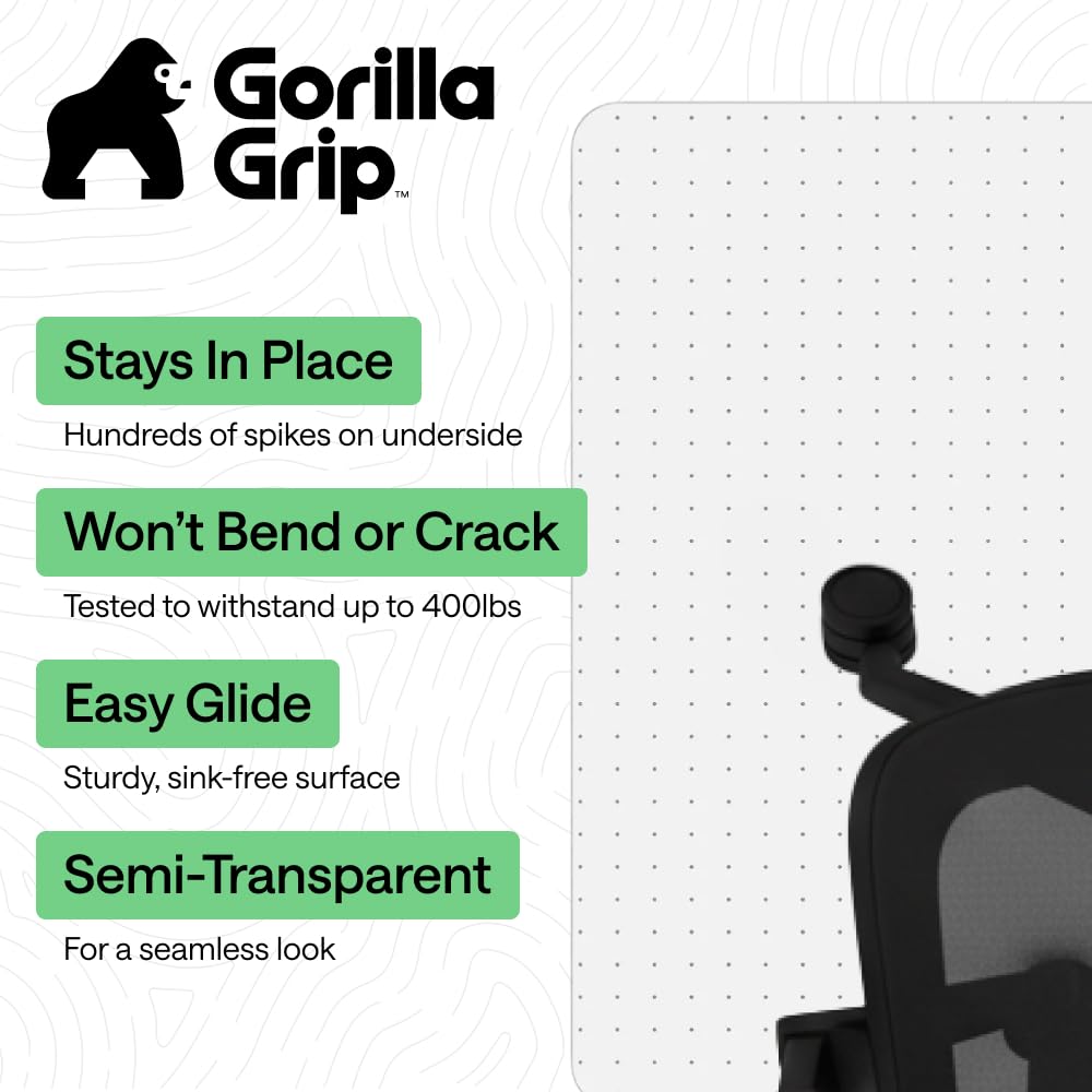 GORILLA GRIP Slip Resistant Office Chair Mat for Carpet Floors, 36x48 Smooth Rolling Glide Under Desk, Heavy Duty Plastic Computer Mats and Carpeted Floor Protector, Work and Gaming Chairs Opaque
