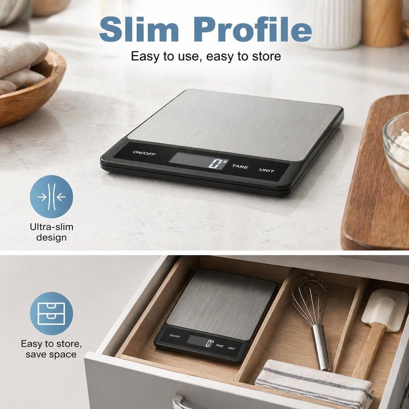 33LB/15KG Digital Kitchen & Food Scale – Waterproof Stainless Steel, USB Rechargeable, 1g Precision, Tare Function for Cooking, Baking, Meal Prep