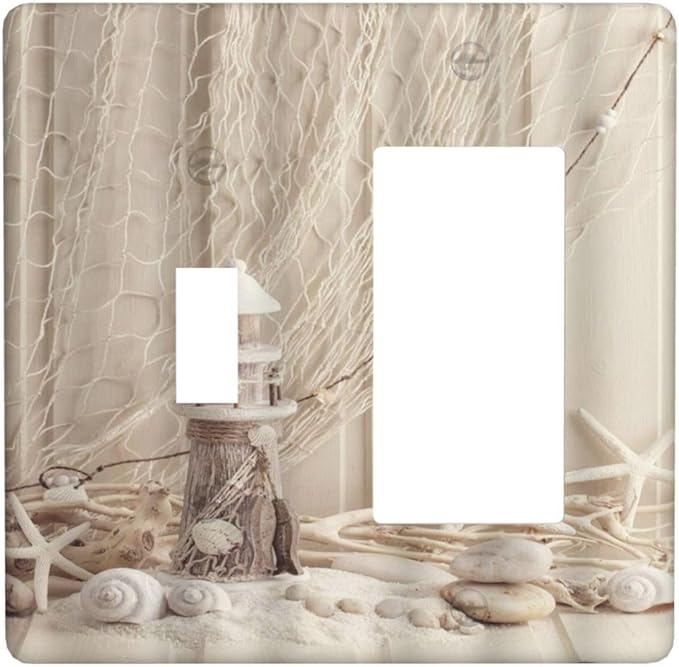 Nautical Coastal 2 Gang Light Switch Covers Seashell Fishing Net Ocean Lighthouse Starfish Single Toggle Rocker Combo Wall Plate Electrical Faceplate Decorative Switchplate Beach Theme Decor