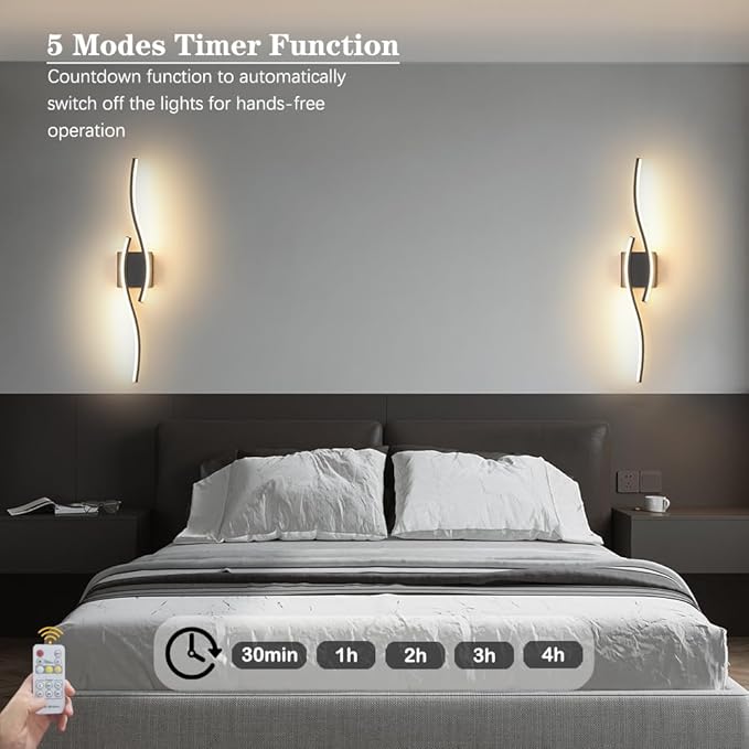 Modern Hardwired Wall Sconce Set of 2, LED Black Wall Light with Remote Control, RC Dimmable LED Wall Light Indoor, Wall Decor for Hallway Bedroom Living Room TV Wall, 27.56" in, Timer, Memory