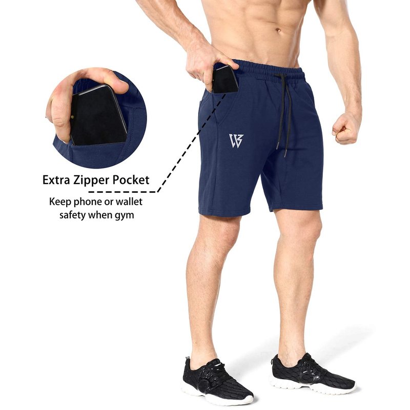 ZENWILL Mens Gym Running Shorts, Workout Athletic Bodybuilding Fitness Shorts with Zip Pockets (Small, Navy)