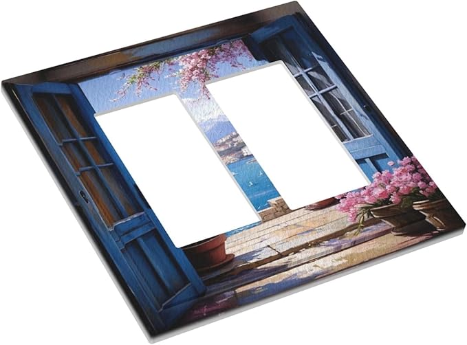 Decorative Art Light Switch Covers Seaside Window View 2 Gang Dual Rocker Outlet Switch plate Faceplate GFCI for Home Decor