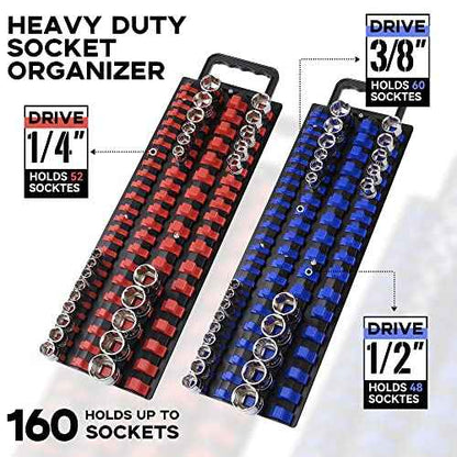 160-Piece Portable Socket Organizer Steel Tray with Handle - Heavy Duty Socket Holder Kit 1/4-Inch, 3/8-Inch, 1/2-Inch Blue&Red Clips (2 PC, Blue&Red)