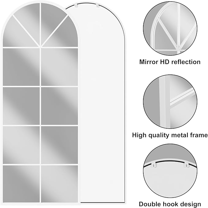 Mirror Full Length, 65"x22" Arched Window Pane Mirrors for Wall Decor, White Full Body or Wall Mounted Mirrors, Farmhouse Standing Mirror Hanging or Leaning for Living Room, Entryway, No Stand