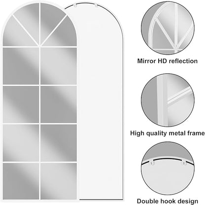 Mirror Full Length, 65"x22" Arched Window Pane Mirrors for Wall Decor, White Full Body or Wall Mounted Mirrors, Farmhouse Standing Mirror Hanging or Leaning for Living Room, Entryway, No Stand