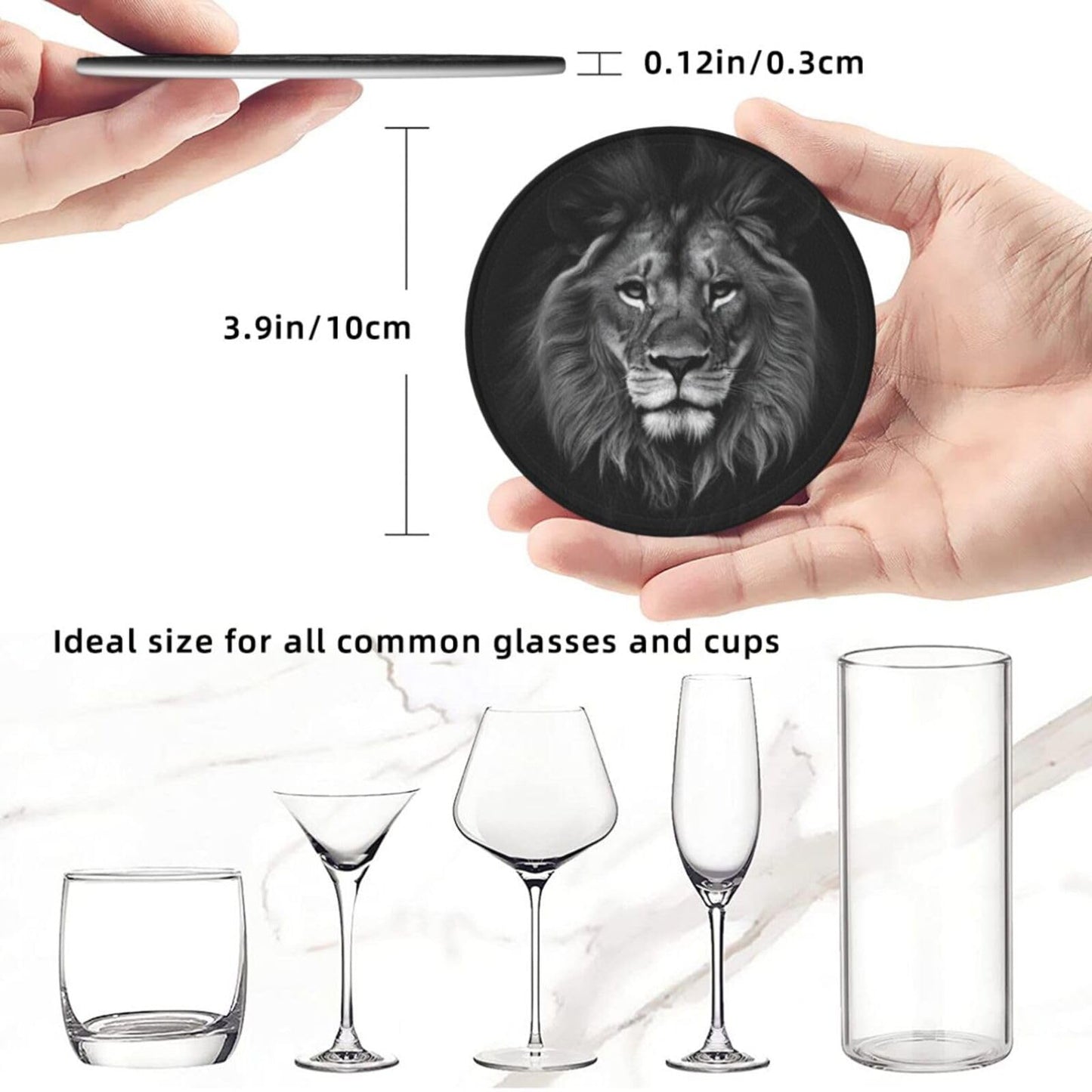 Famame 6 Pcs 3D Black Lion Leather Coasters for Drinks with Holder Coaster Sets Drink Table Cup Coasters for Living Room Kitchen Coffee Decor