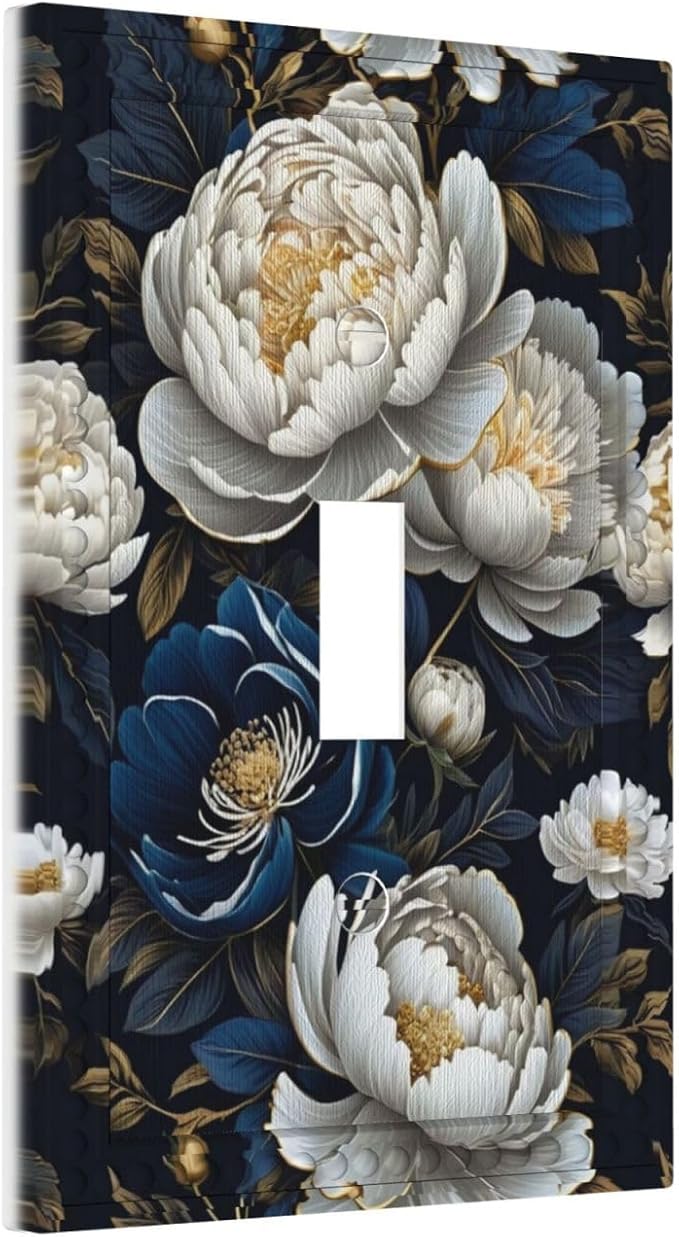 White Gold Blue Flower Light Switch Covers 1 Gang Single Toggle Wall Plate Decorative Switchcover Electrical Switchplate for Country Living Decor