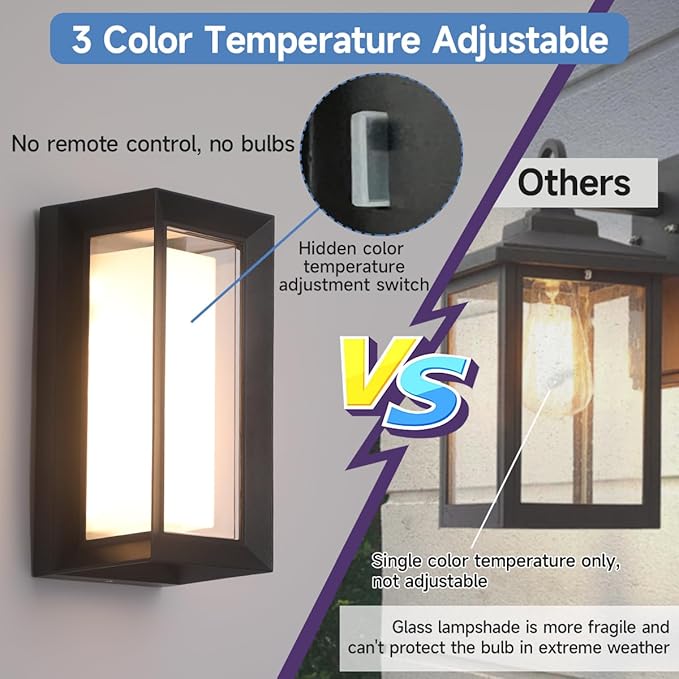 Outdoor Porch Light,15%-100% Dimmable Indoor Wall Light Fixtures,3000K/4000K/6500K Adjustable,24W Exterior Wall Lighting,Waterproof Outdoor Modern Wall Sconce Lights,2160LM Indoor Wall Sconce 2 Pack