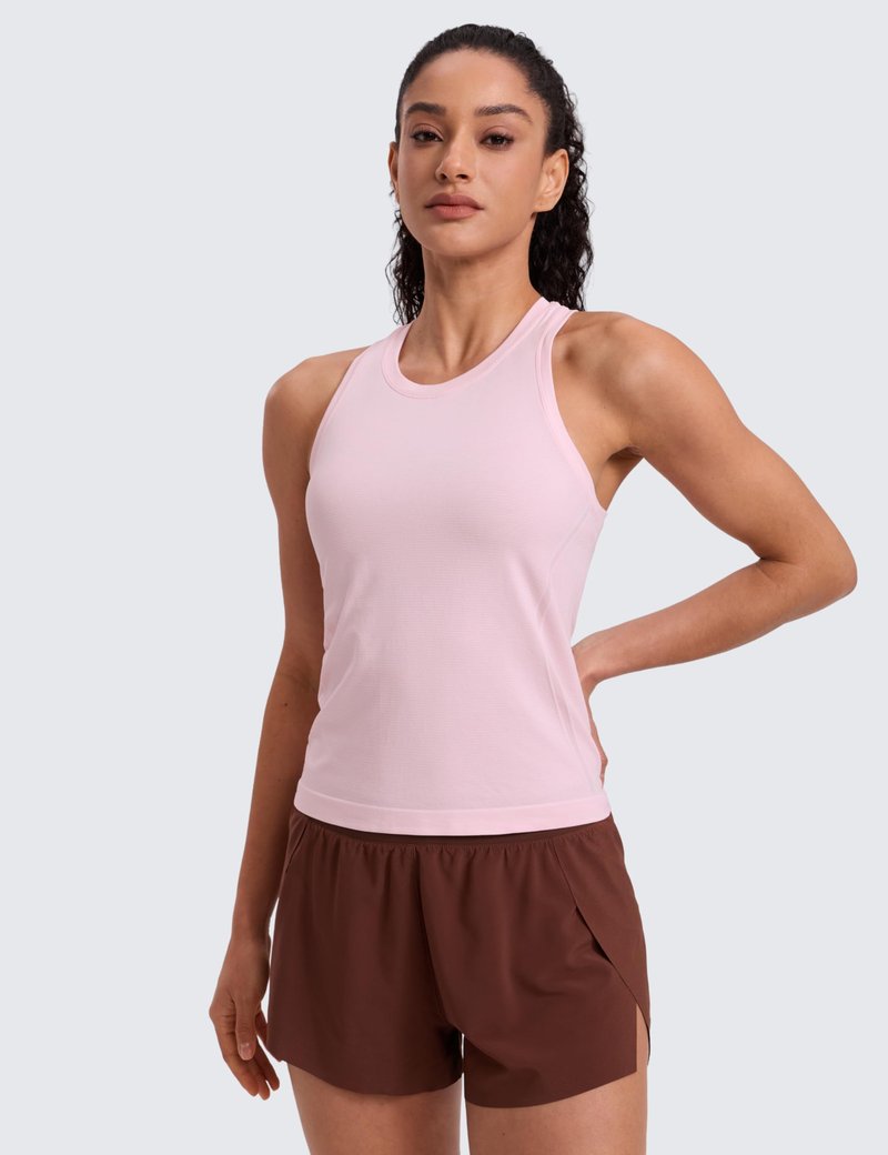 CRZ YOGA Seamless Workout Tank Tops for Women - Athletic Running Gym Sleeveless Shirts Crewneck Racerback Breathable Strawberry Pink Medium