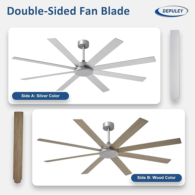 Depuley Large Ceiling Fan without Light: 72 Inch Indoor/Outdoor Fan Reversible DC Motor 6 Speed - Dual 8 Blades Big Ceiling Fans with No Light for Living Room Covered Patio, Silver