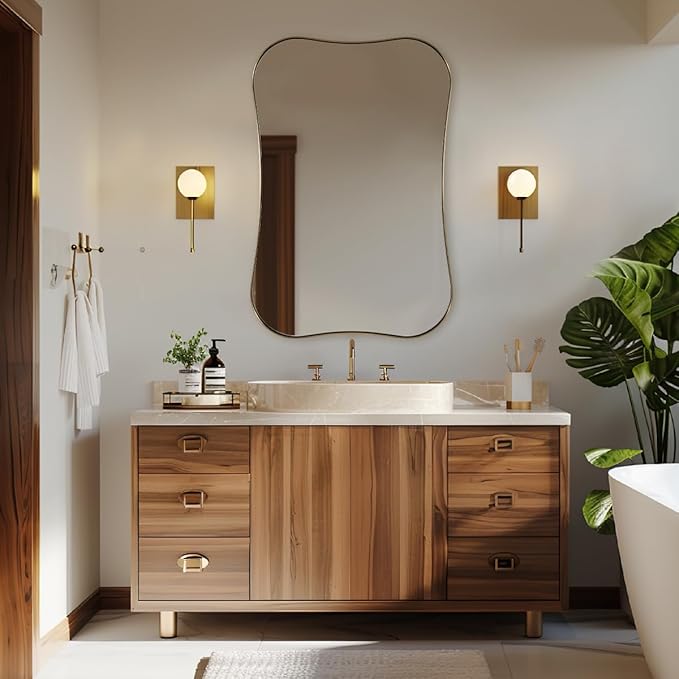 ANDY STAR 24x36 Inch Brushed Brass Scalloped Mirror, Modern Gold Bathroom Mirrors with Unique Notched Edges Design in 1 Inch Stainless Steel Frame Wall Mounted Horizontal/Vertical for Home Decor