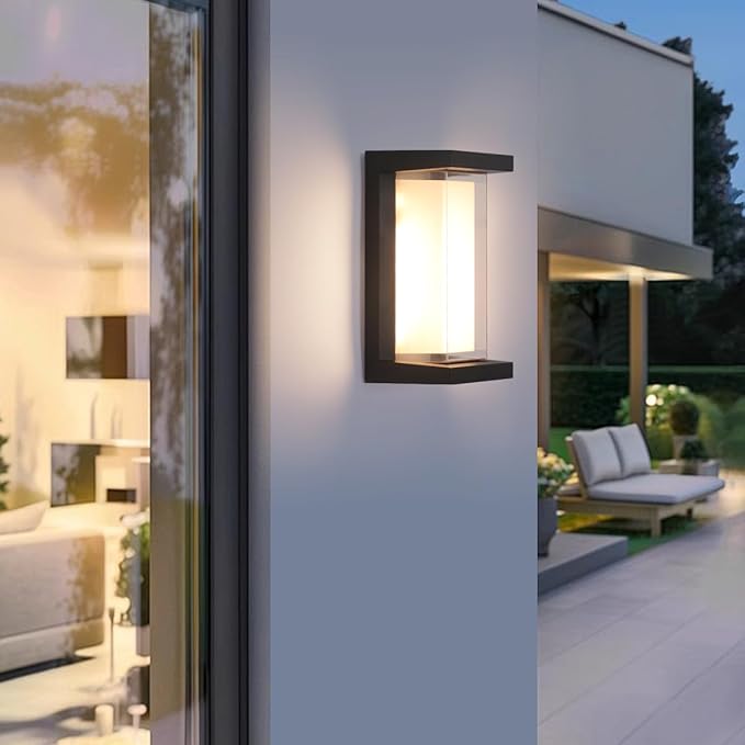 24W LED Outdoor Wall Lights 3 Color Exterior Wall Sconce Outside Light Fixtures Exterior Porch Wall Lighting with Double Shade, Modern Matte Black Wall Lamps for Patio Front Door Entryway, 1-Pack