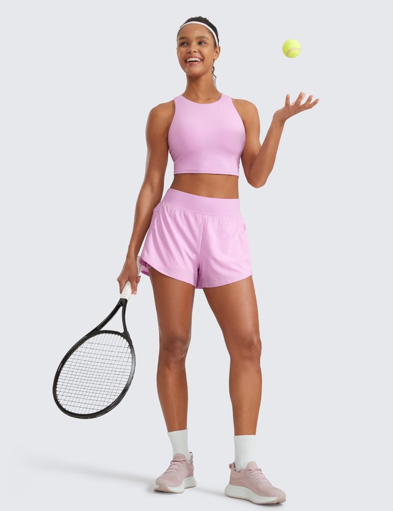 CRZ YOGA 2 in 1 Double Layer Running Shorts for Women 3" - High Waisted for Athletic Tennis Workout with Zip Pockets Vita Pink Medium