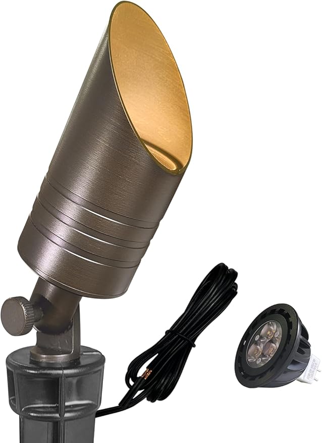 MALORY Brass Landscape Spotlight,12V AC/DC Low Voltage LED Landscape Lighting,Hard Wired Spot Up Light for Garden,Patio and Yard (S05-Bronze, 1-Pack with Bulb)