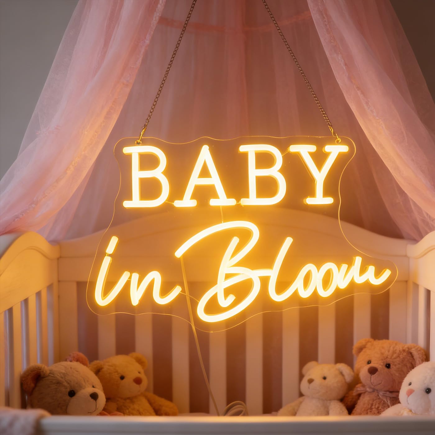 Baby In Bloom Neon Signs Led Gender Reveal Party Boy/Girl Decorations Neon Letters Signs Pregnancy Announcement Party Supplies Baby Shower Yard Signs(warm white)