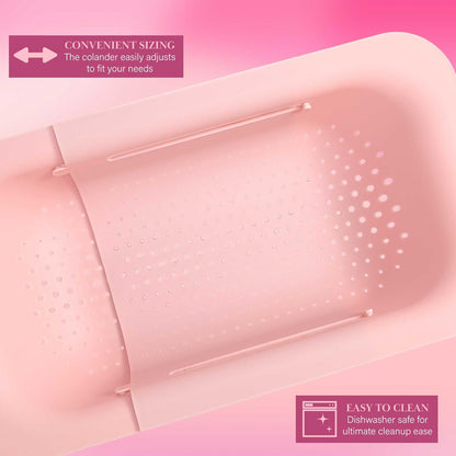Paris Hilton Over the Sink Expandable Colander, Extendable Strainer, Adjustable from 14.5 inches to 19.5 inches, Fits most kitchen sinks, Made without BPA, Pink