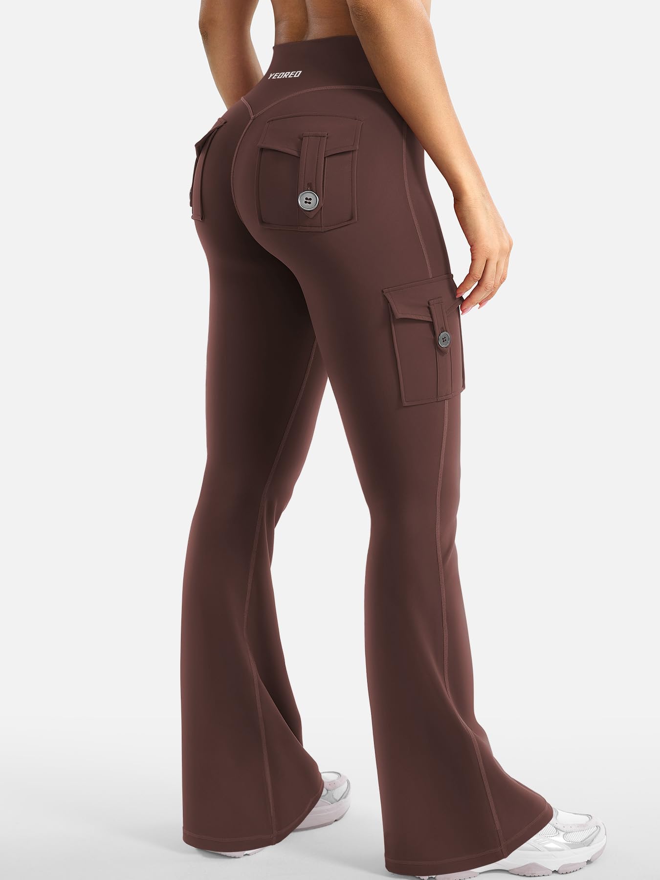 YEOREO CoreFlex Women Workout Flare Leggings with Pockets Hidden Scrunch Cargo Gym Yoga No Front Seam Leggings Chocolate XS