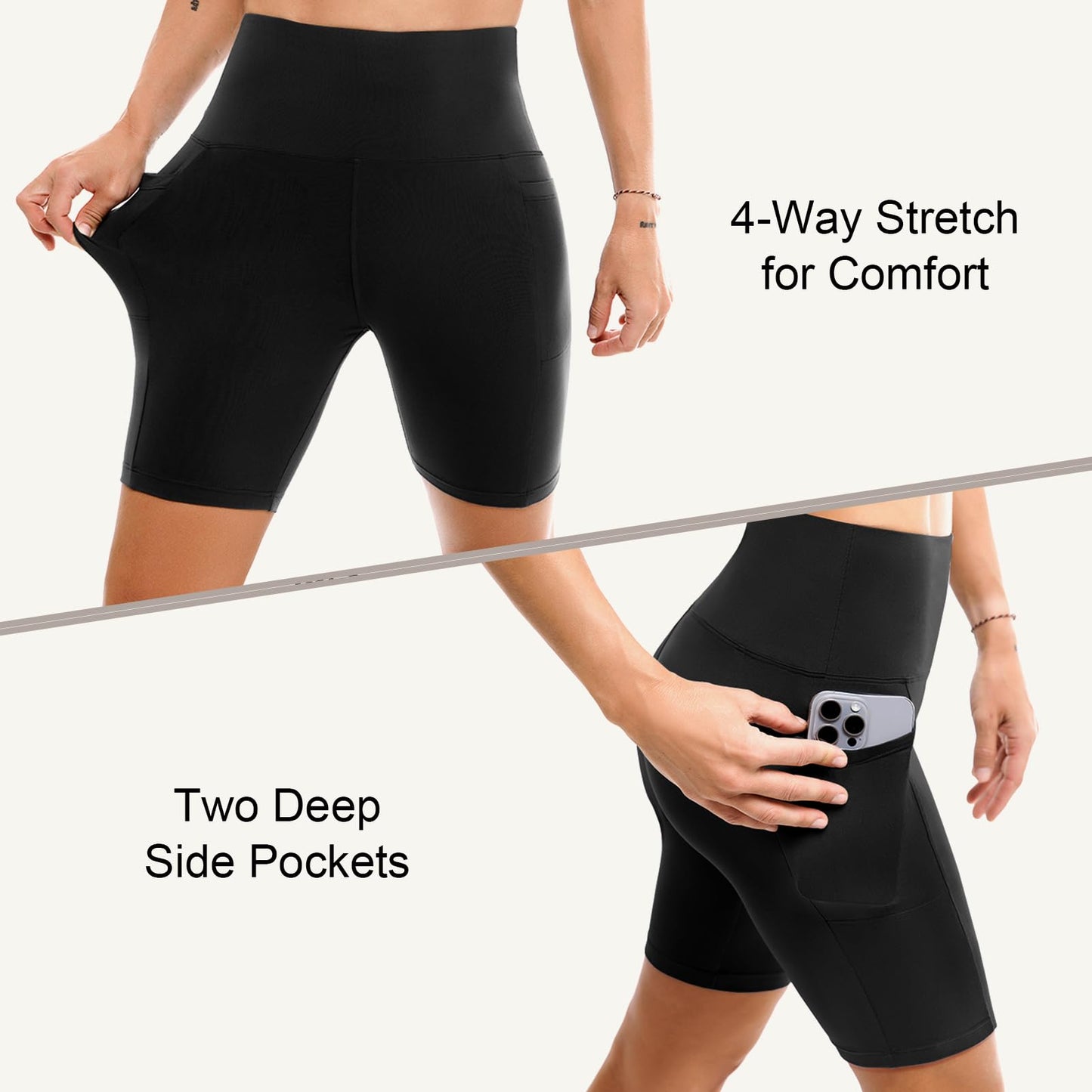 Leafigure 2 Pack Womens Biker Shorts with Pockets, High Waisted Tummy Control Yoga Shorts for Women Running Gym and Workout Black/Navy S-M