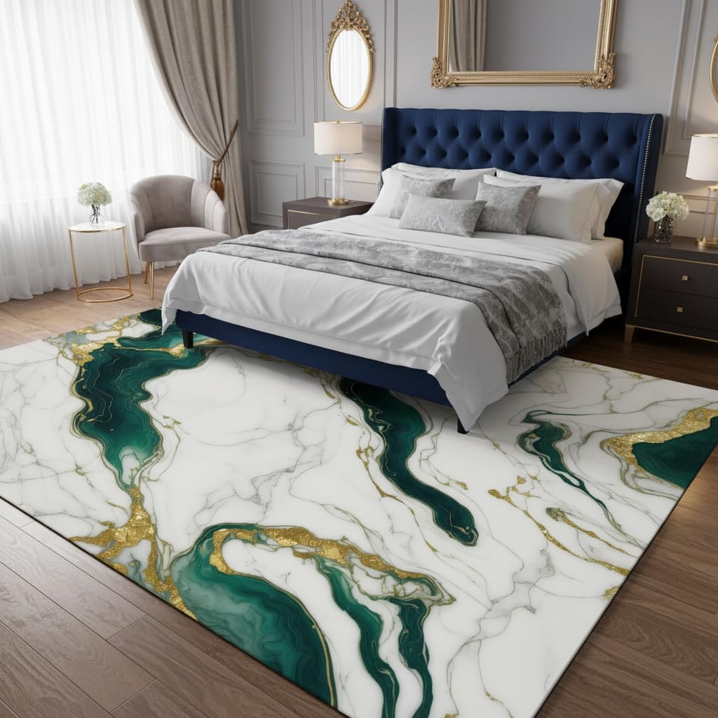 Marble Swirl Modern Abstract Emerald Green Grey Gold Area Rug for Living Room Bedroom Ultra Soft Wool Carpet Under Dining Table Lux Aesthetic Home Office Carpets 5x7