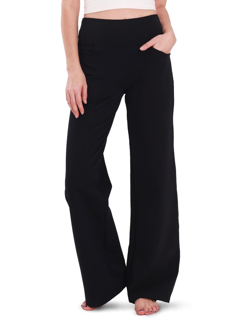 Houmous Wide Leg Pants Women Cotton Yoga Pants High Waist Loose Lounge Stretch Trousers with Pockets, 34 Inseam, Black, L