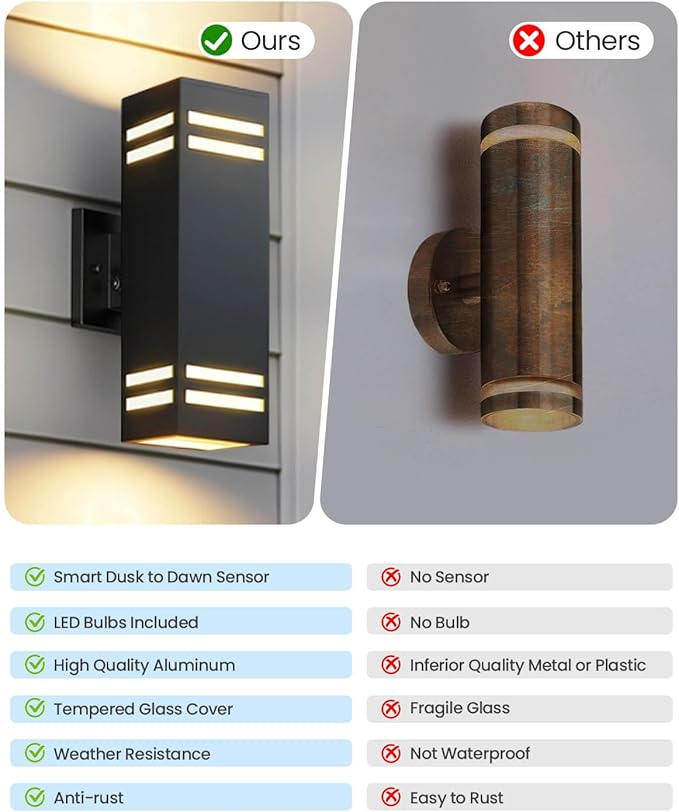 KIZON Dusk to Dawn Outdoor Lighting 2 Pack, Aluminum Exterior Lighting Fixtures with E26 Base, Waterproof Up and Down Lights Outdoor Sconce Lights for House Porch, LED Bulbs Included, ETL Listed