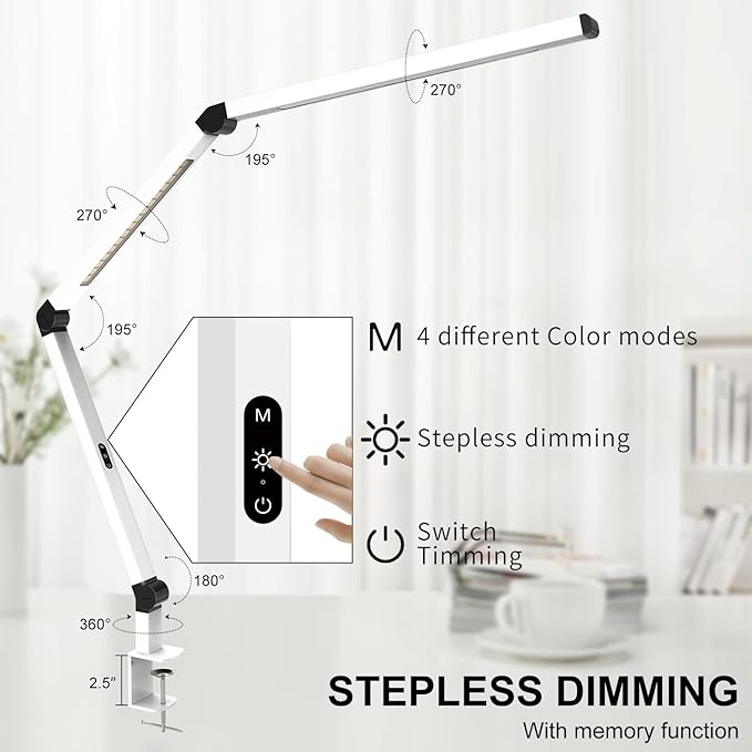 Micomlan LED Desk Lamp with Clamp, Dual Light Table Lamp with Adjustable Swing Arm, Eye-Care 4 CCT Modes & 5 Brightness Levels Clip-on Architect Modern Desk Light for Home Office Crafting Sewing